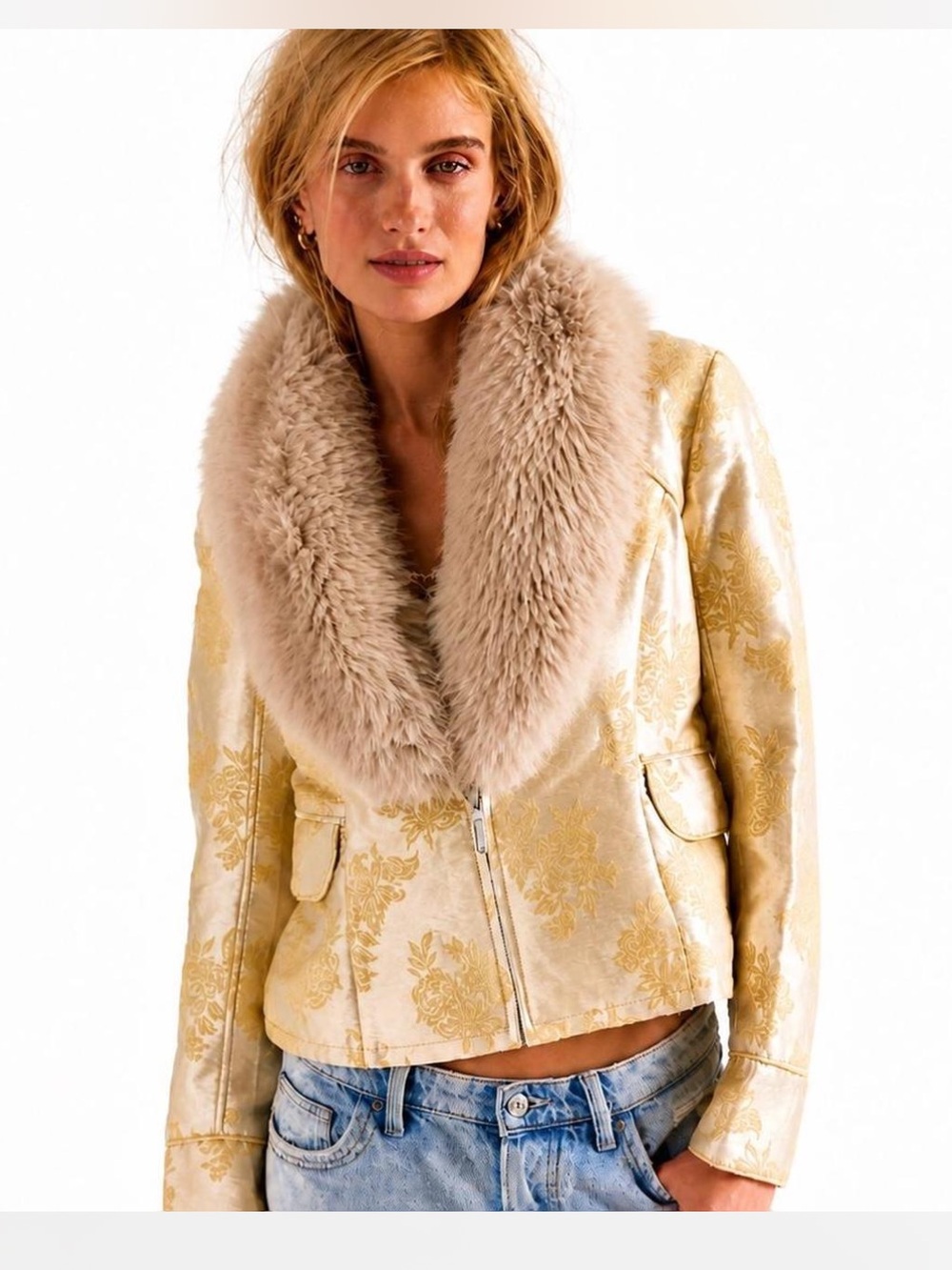 Free People NWT Faux Fur Collar Brocade Jacket Penny Lane Almost Famous Festival
